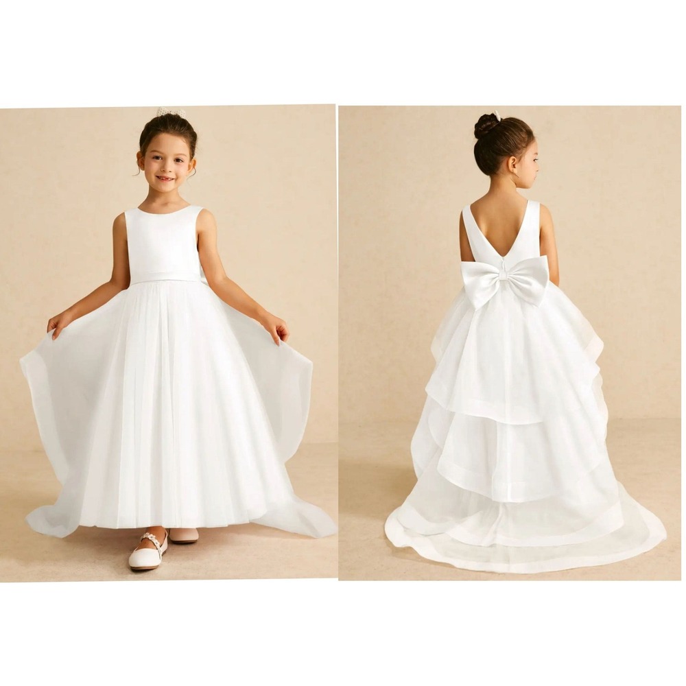 Azazie Pumpkin White Flower Girl Dress Sleeveless Tiered Bustle Train with Bow